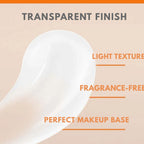 Product packaging with text highlighting features like 'Transparent Finish', 'Light Texture', 'Fragrance-Free', and 'Perfect Makeup Base' on a beige background.