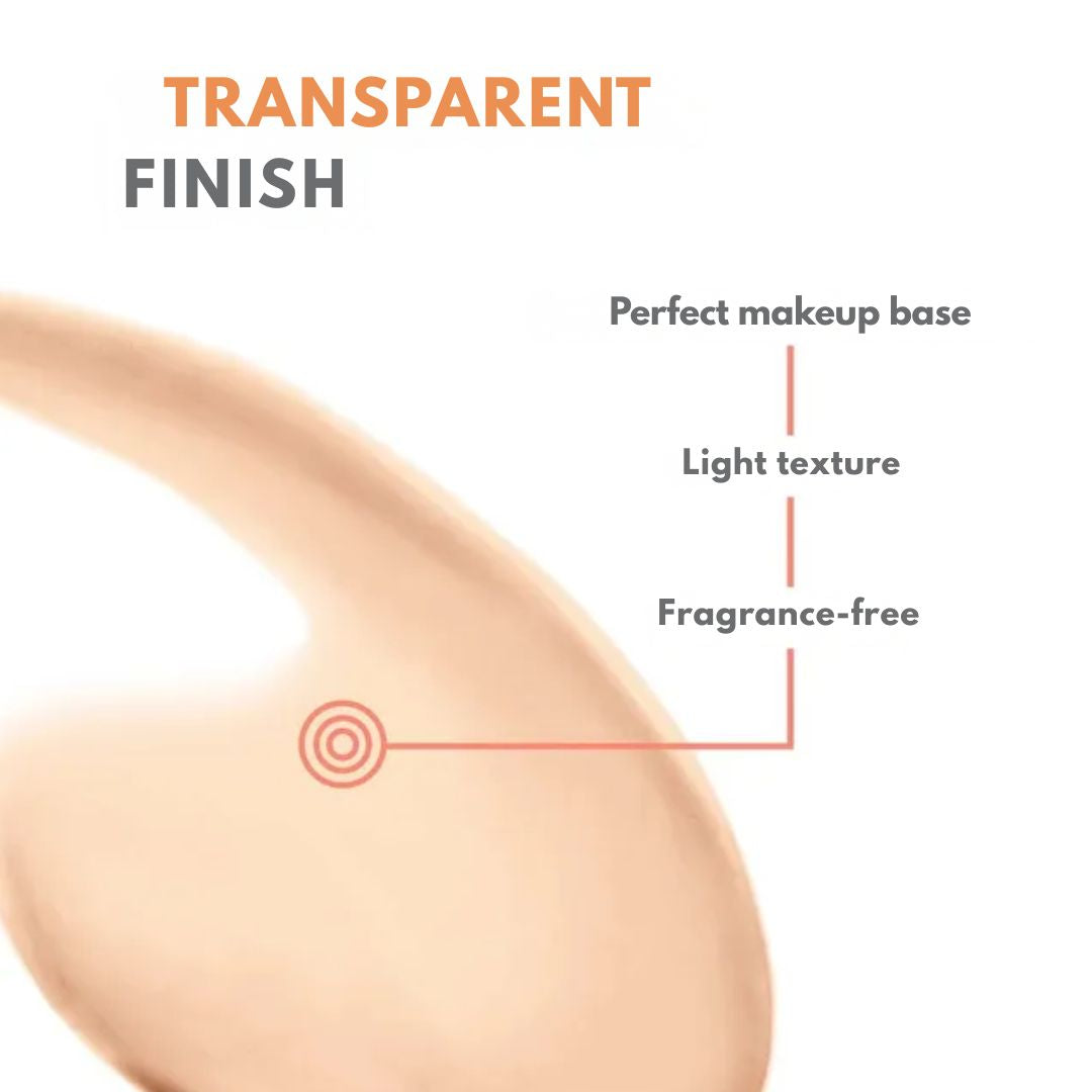 Transparent finish description with a light texture and fragrance-free properties on a white background.