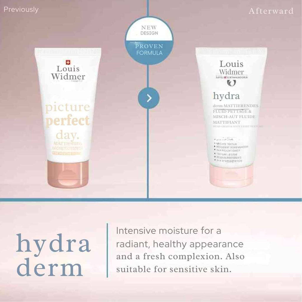 Two skincare products by Louis Widmer with a comparison label on a light pink background.