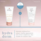 Two skincare products by Louis Widmer with a comparison label on a light pink background.