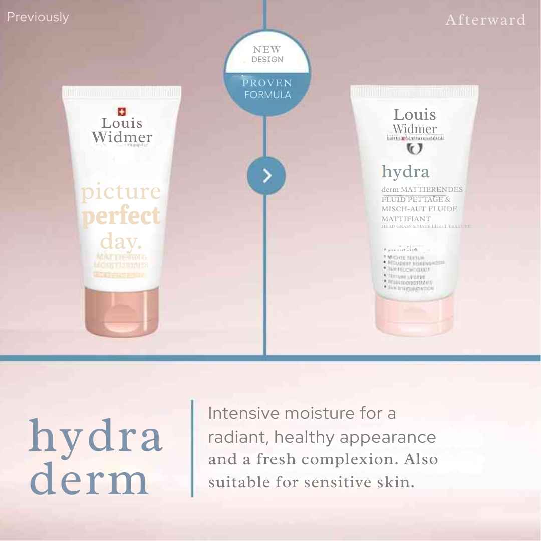Two skincare products by Louis Widmer with a comparison label on a light pink background.