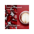 A square cosmetic product graphic with a red background and text reading 'Peptide + Renewal Complex' and '+ Maca Peptiden.' The left half shows glossy dark red pomegranate seeds, and the right half shows an open jar containing a pale beige cream or balm.