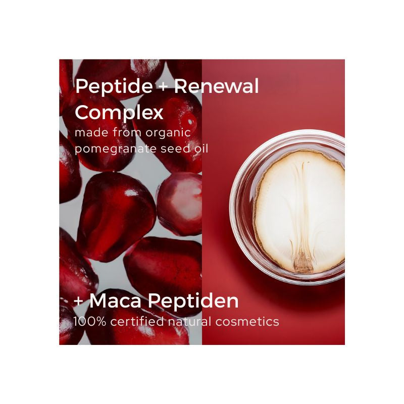 A square cosmetic product graphic with a red background and text reading 'Peptide + Renewal Complex' and '+ Maca Peptiden.' The left half shows glossy dark red pomegranate seeds, and the right half shows an open jar containing a pale beige cream or balm.