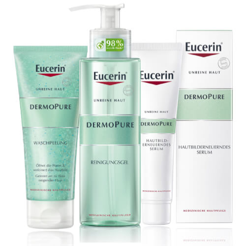 Eucerin DermoPure is a great skin care against acne, pimples and with combination skin. It contains a wash scrub, a cleansing gel, a concealer and a facial tonic.