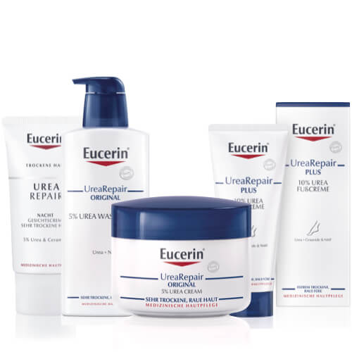 Eucerin UreaRepair is the skin care series for dry and very dry skin. It contains a 5% Urea Repair Plus Lotion, a wash fluid, a hand cream, lip balm, and shower foam. Also, there are 10% UreaRepair products such as the Eucerin foot cream.