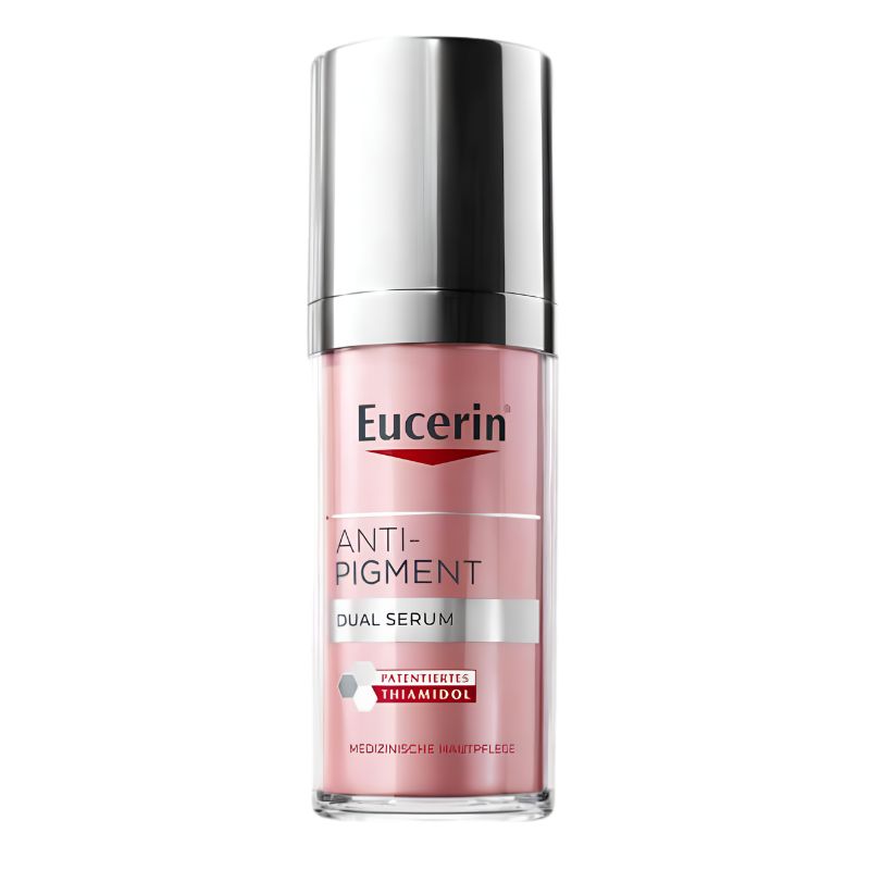 Eucerin Anti-Pigment Dual Serum in a clear glass bottle with a pink liquid and a reflective silver cap, shown on a plain white background.