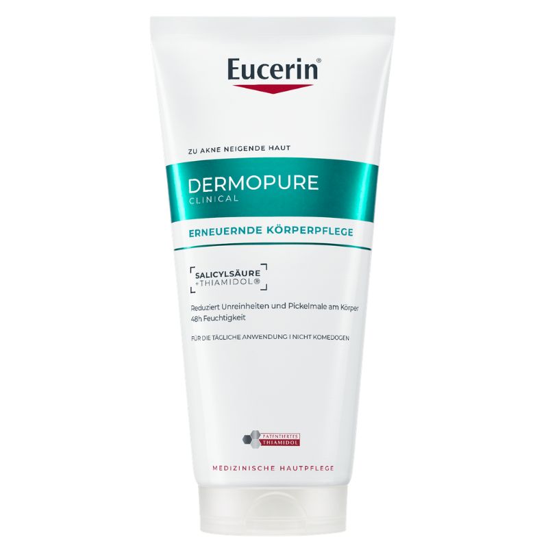 A white squeeze tube of Eucerin Dermpure Clinical body care product with teal and red text and logo, centered on a plain white background.