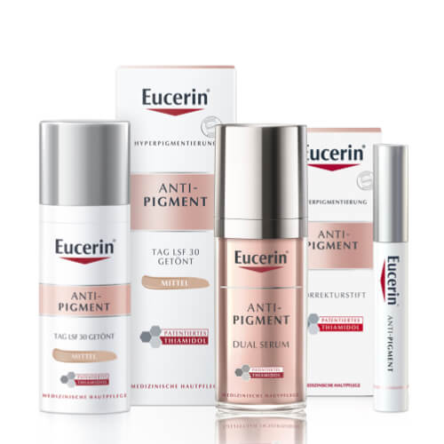 Eucerin Anti-Pigment collection includes a dual serum, a day cream, correction pen for pigment spots and dark spots, and a day cream