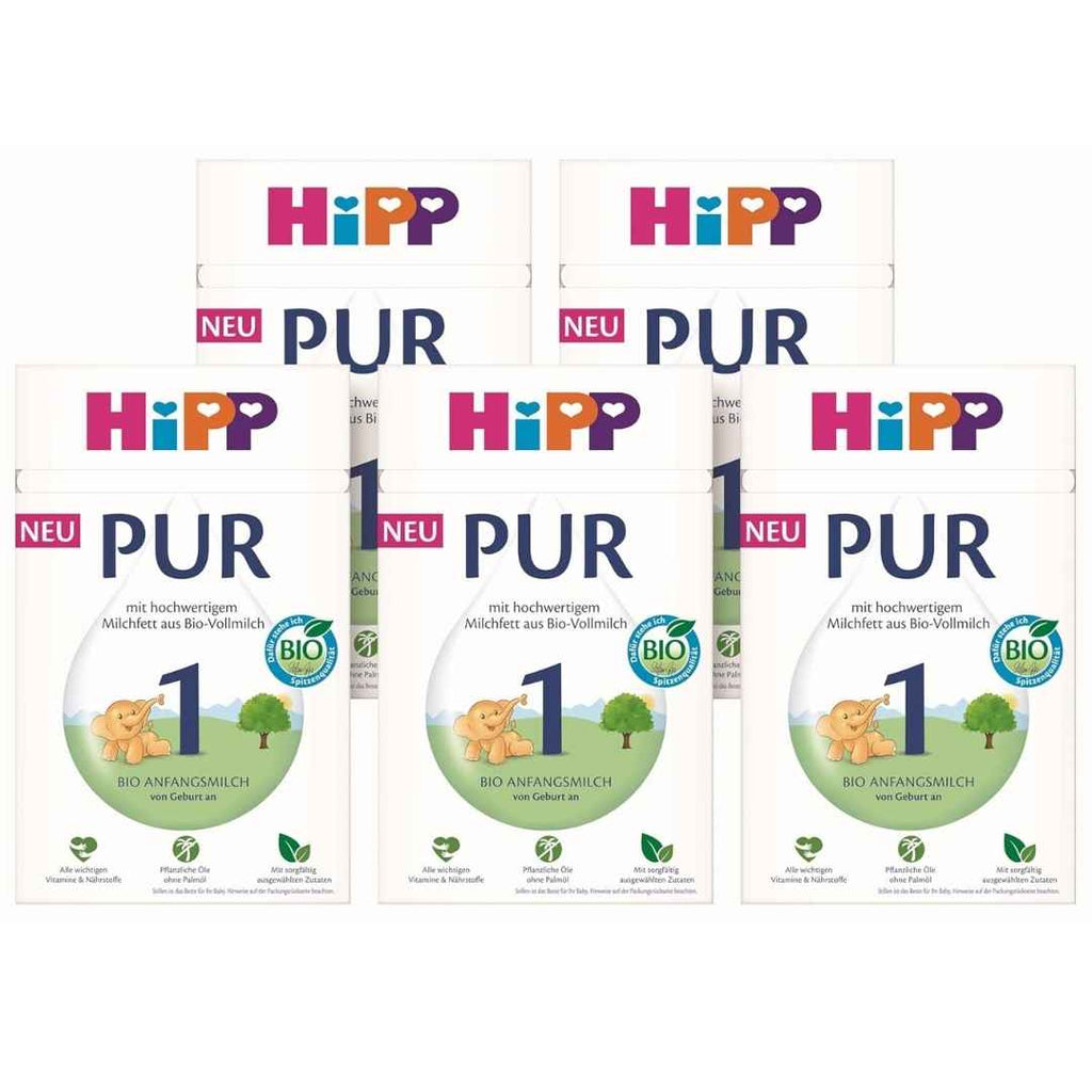 Multiple packages of HiPP PUR 1 baby formula on a white background