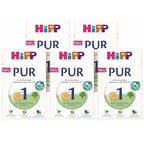 Multiple packages of HiPP PUR 1 baby formula on a white background