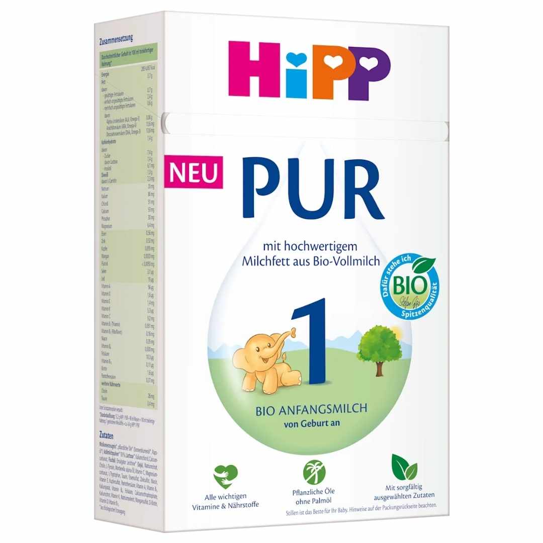Hipp baby formula box with colorful branding on a white background