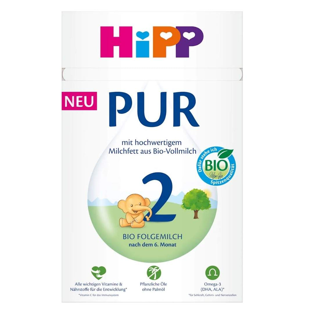 Hipp baby formula packaging with colorful branding and text on a white background