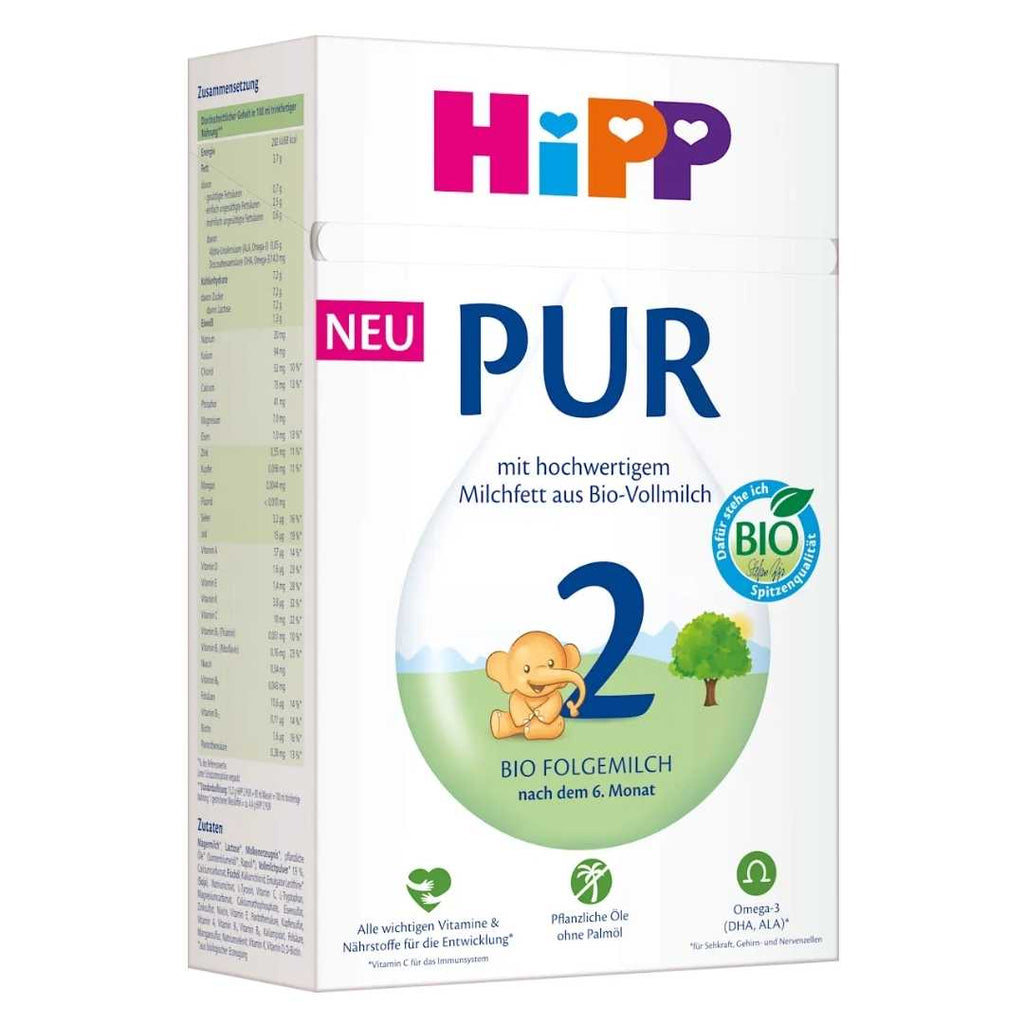 Hipp baby formula box with colorful branding and text on a white background