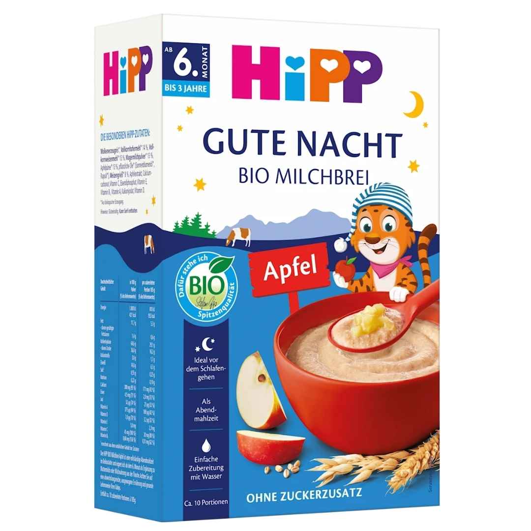 Hipp baby cereal box with a tiger character and apple flavor indication