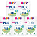 Multiple packages of HiPP PUR PRE baby formula on a white background