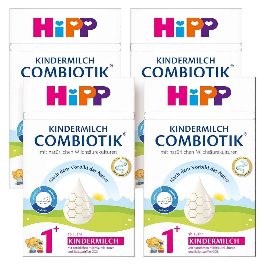 Five packages of HiPP Kindermilch Combiotik on a white background
