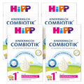 Five packages of HiPP Kindermilch Combiotik on a white background