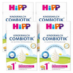 Five packages of HiPP Kindermilch Combiotik on a white background