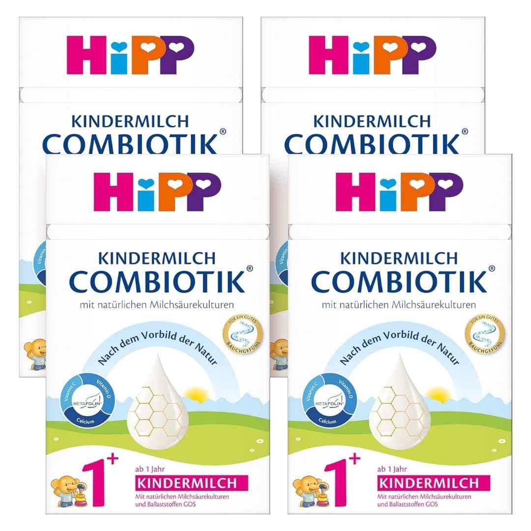 Five packages of HiPP Kindermilch Combiotik on a white background