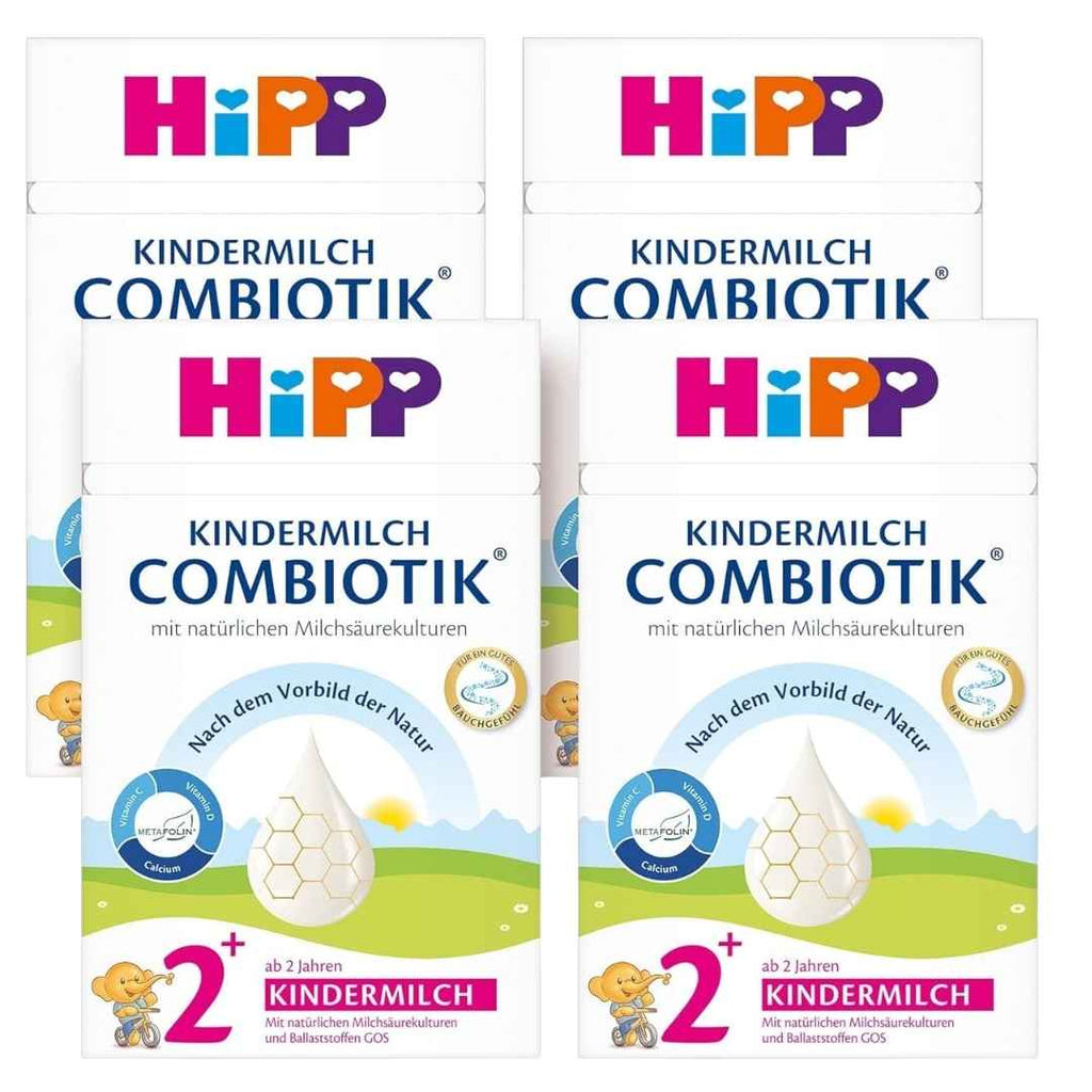 Four packages of HiPP Combiotik children's milk on a white background