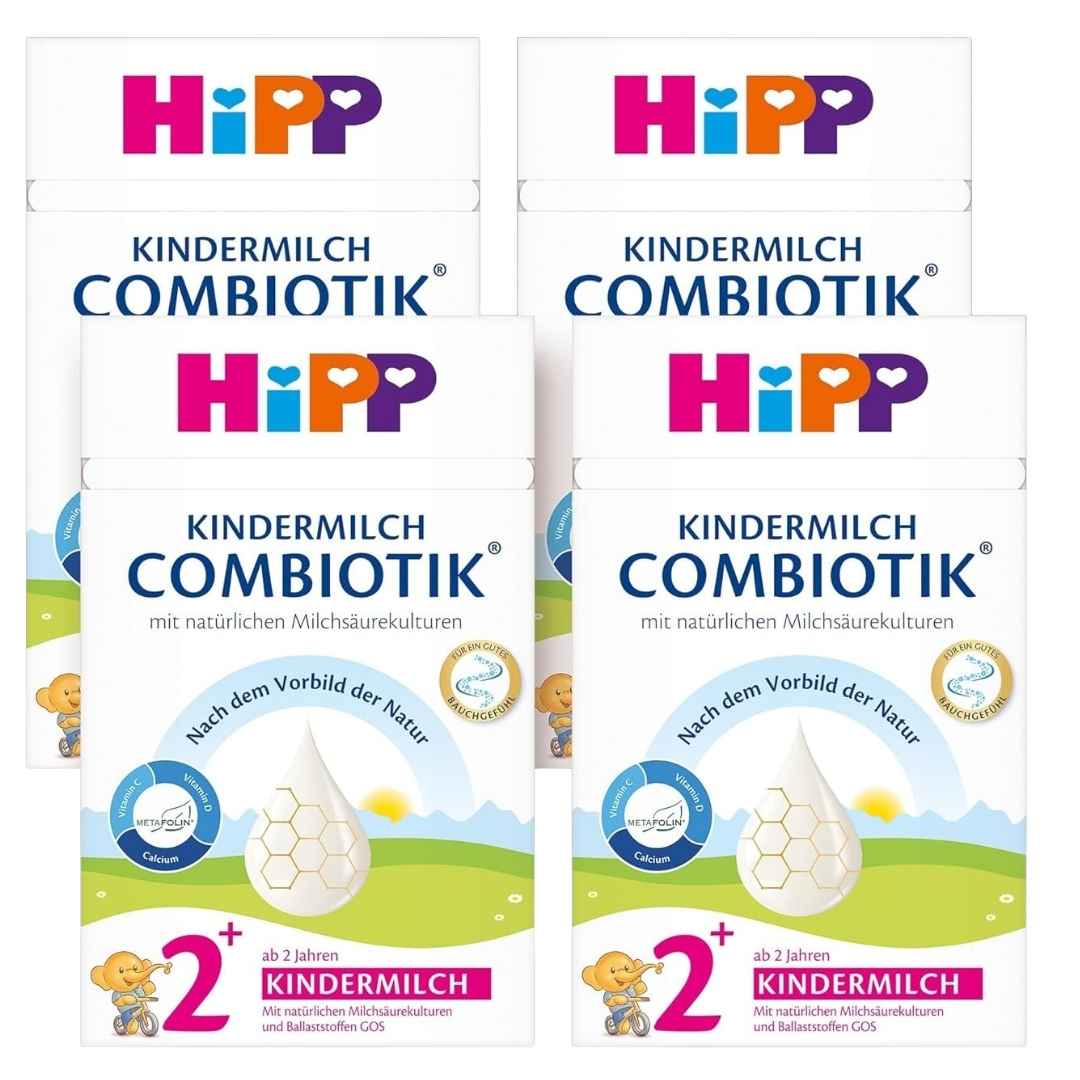 Four packages of HiPP Combiotik children's milk on a white background