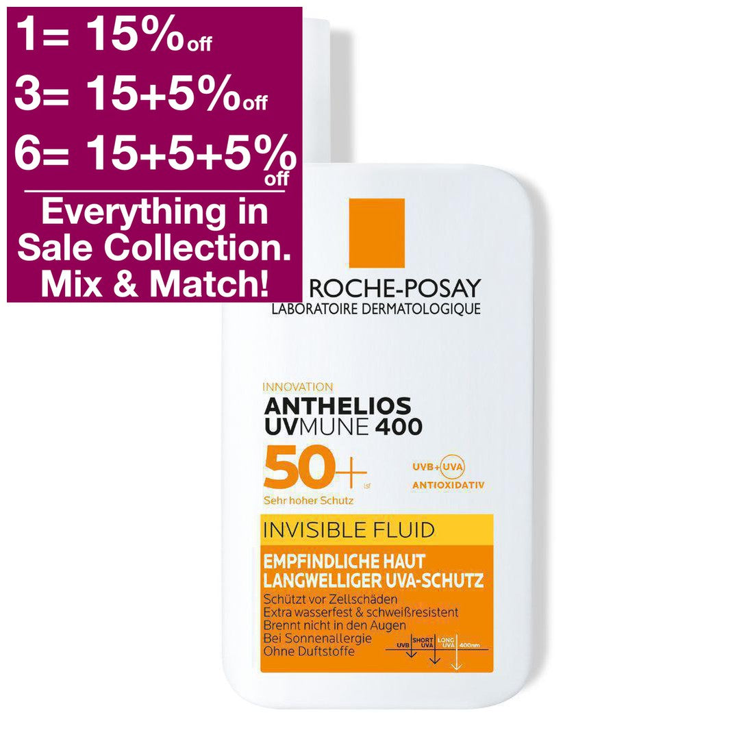 The La Roche Posay Anthelios Invisible Fluid UVMune 400 SPF 50+ is an ultra-light sunscreen fluid for the face with very high protection against UVA & UVB rays. It is suitable for all skin types, including sensitive skin and skin prone to sun allergies.