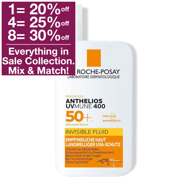 The La Roche Posay Anthelios Invisible Fluid UVMune 400 SPF 50+ is an ultra-light sunscreen fluid for the face with very high protection against UVA & UVB rays. It is suitable for all skin types, including sensitive skin and skin prone to sun allergies.