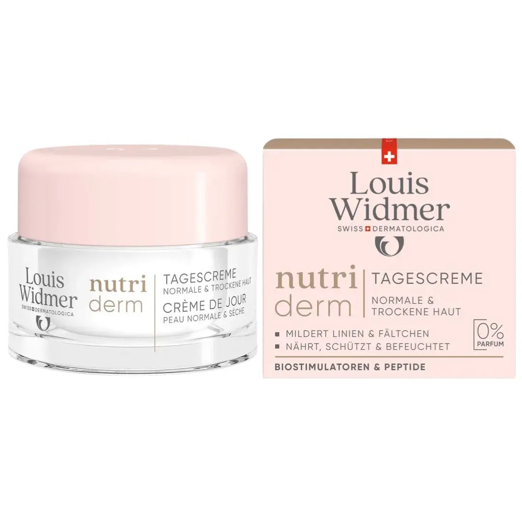 Louis Widmer nutriderm cream jar and packaging on a white background