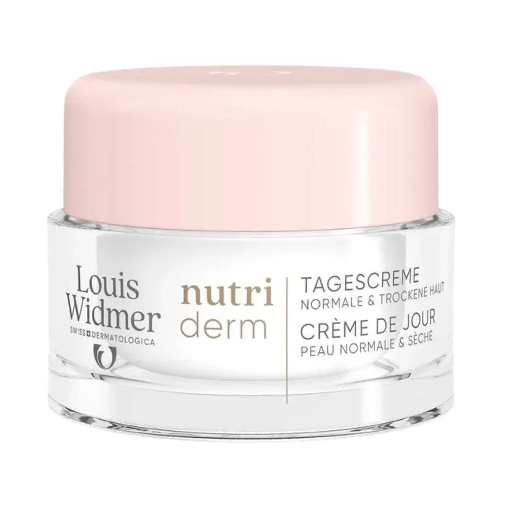 Louis Widmer Nutri Derm cream jar with pink lid on a white background