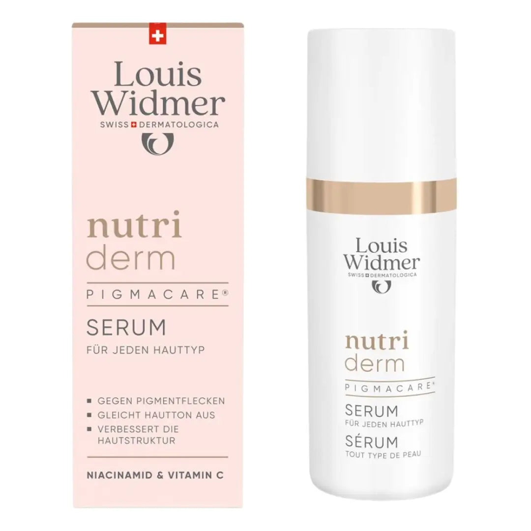 Louis Widmer nutri derm Pigmacare serum packaging and bottle on a white background