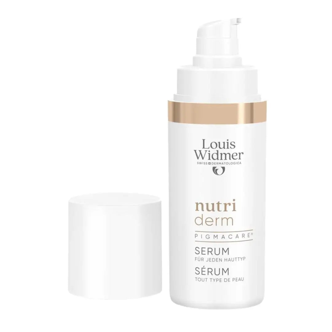 Louis Widmer nutri derm serum bottle on a white background