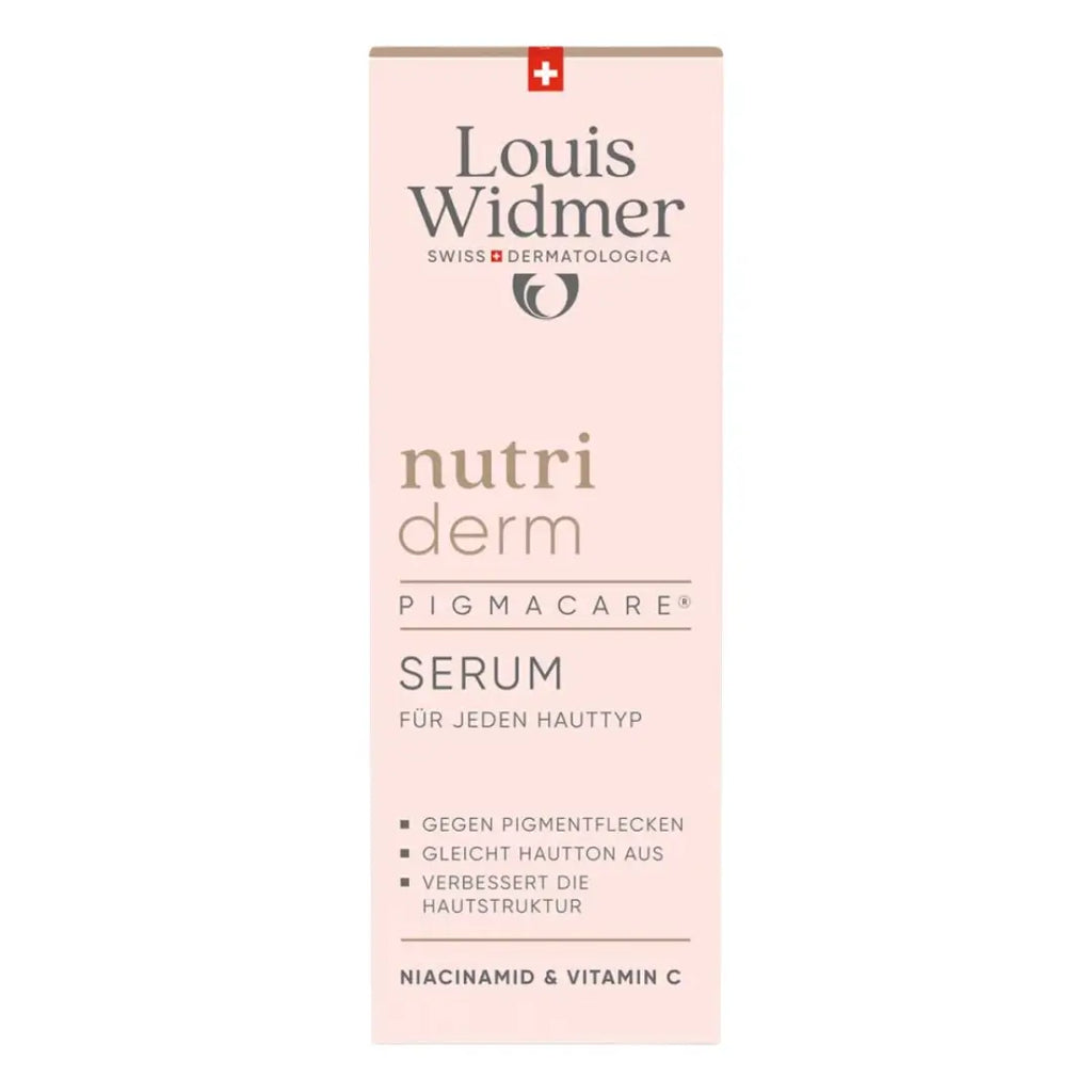 Louis Widmer nutri derm Pigmacare Serum packaging on a white background