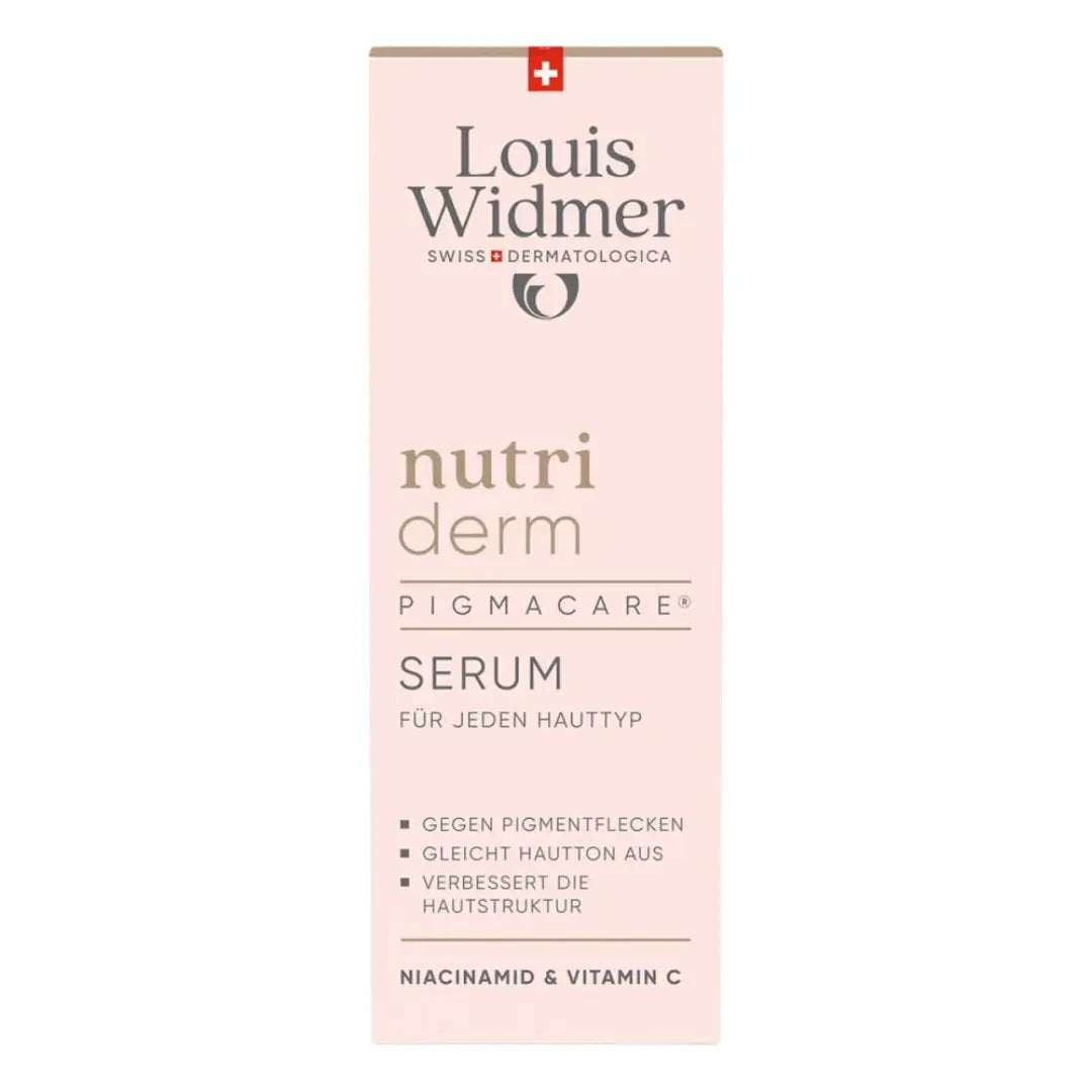 Louis Widmer nutri derm Pigmacare Serum packaging on a white background