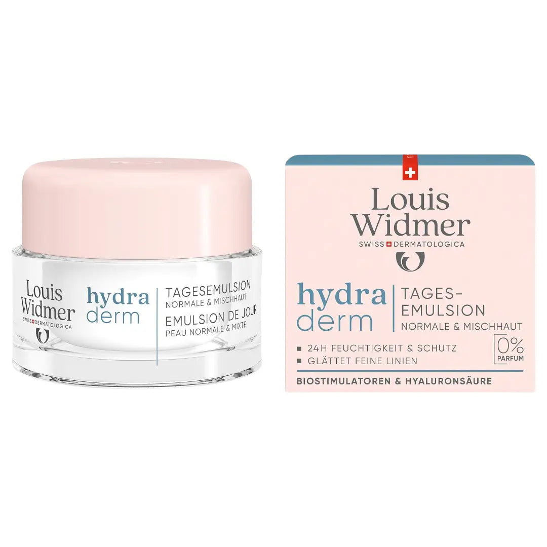 Louis Widmer Hydra Derm cream jar and packaging on a white background