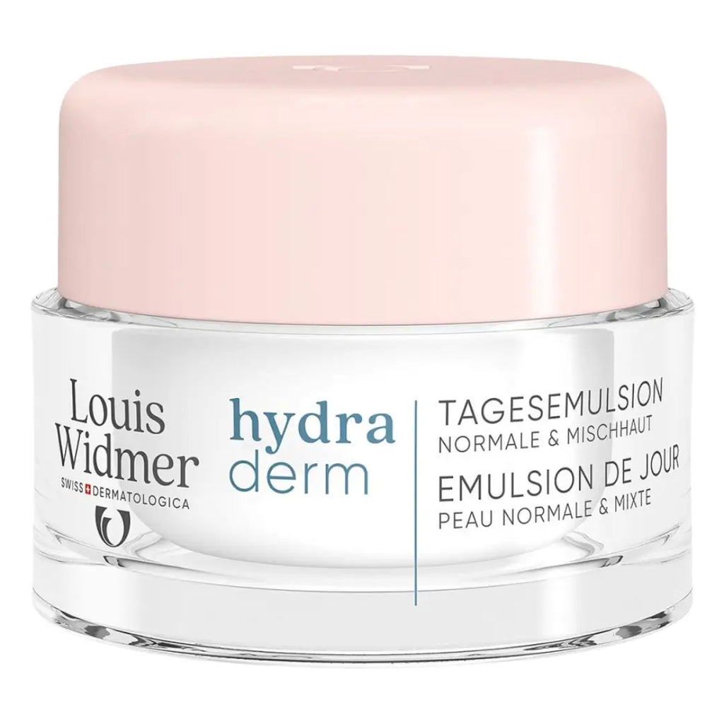Louis Widmer hydraderm cream jar with pink lid on a white background