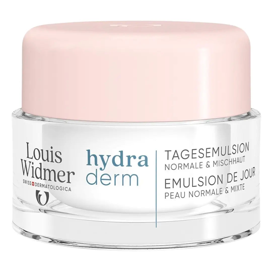 Louis Widmer hydraderm cream jar with pink lid on a white background