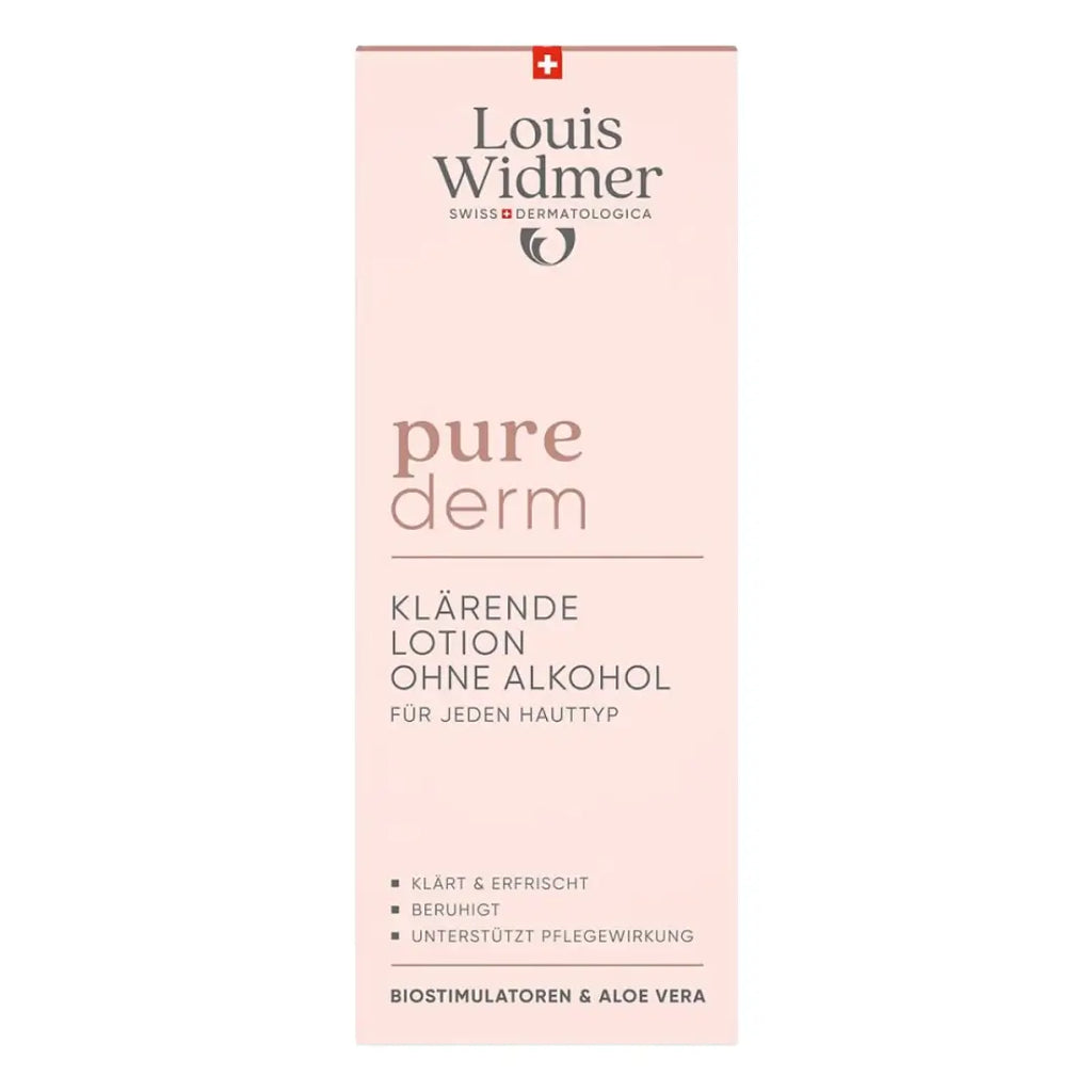 Louis Widmer pure derm tonic lotion skincare product packaging on a white background