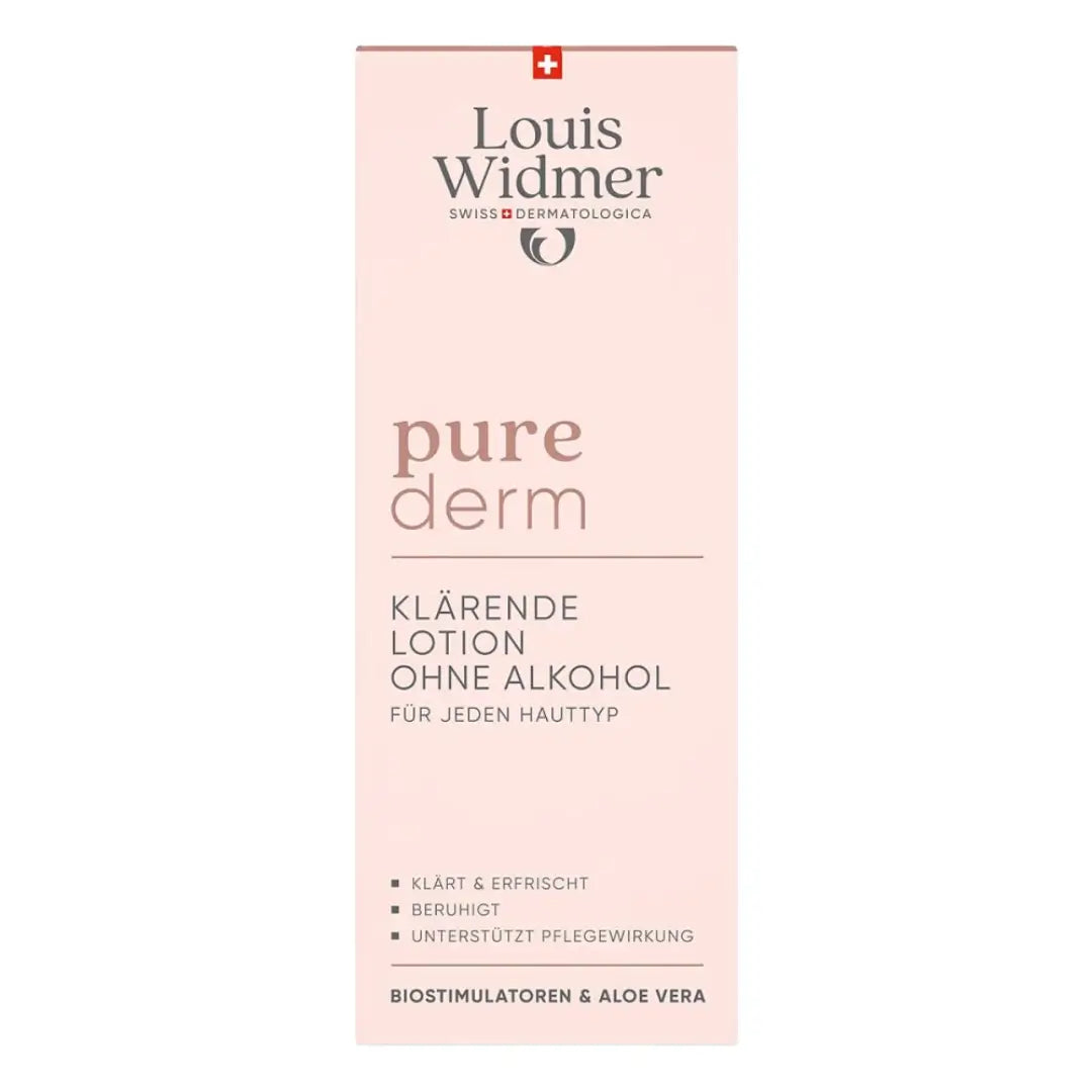 Louis Widmer pure derm tonic lotion skincare product packaging on a white background