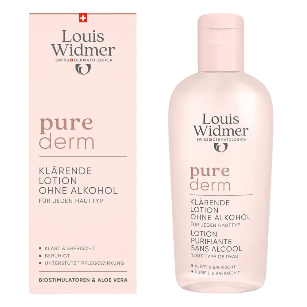 Louis Widmer pure derm lotion bottle and packaging on a white background