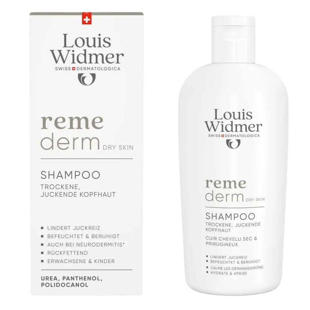 Louis Widmer reme derm shampoo packaging next to the bottle on a white background