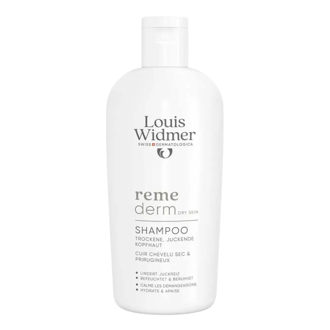 Louis Widmer reme derm shampoo for dry skin bottle on a white background
