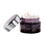 Louis Widmer pro derm Tagescreme UVP with perfume in a dark purple jar with a silver lid, showing a swirl of white cream inside, on a white background.