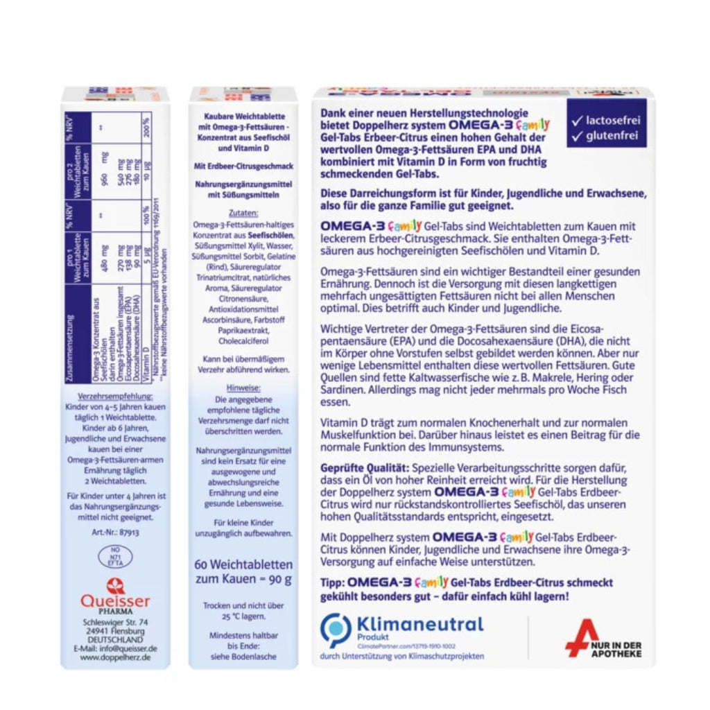 The package shown from three sides: the left side, right side and the back. The sides show the consumption recommendation and the ingredients. The back shows the product description.