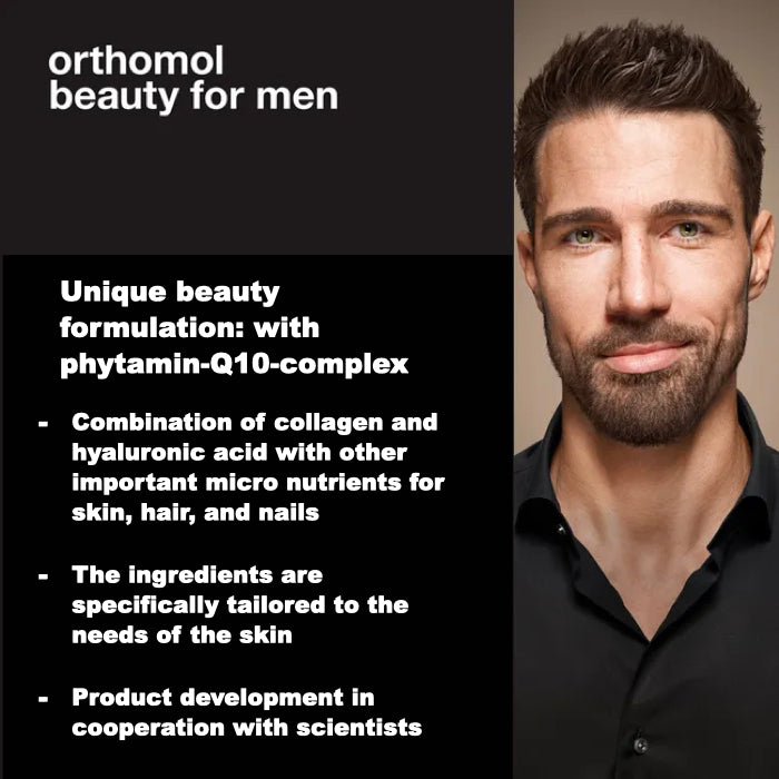 Orthomol Beauty for Men contains a combination of collagen and hyaluronic acid.