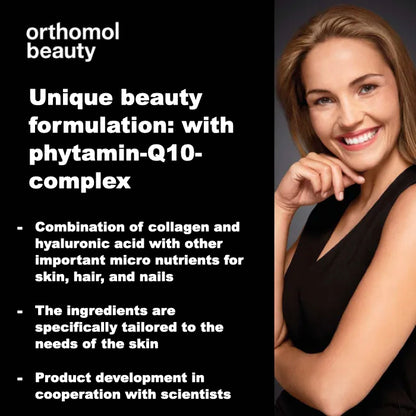 Orthomol Beauty comes with a unique beauty formulation that contains the phytamin-Q10-complex, and a combination of collagen and hyaluronic acid.