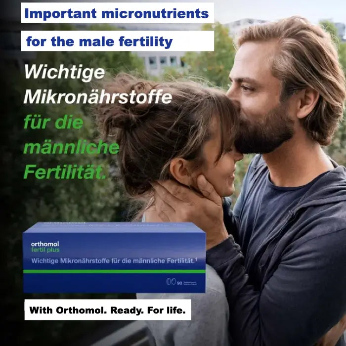 A man and a woman are shown embracing outdoors, with German text promoting micronutrients for male fertility. A blue Orthomol box is displayed in the lower left corner.