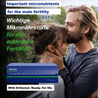 A man and a woman are shown embracing outdoors, with German text promoting micronutrients for male fertility. A blue Orthomol box is displayed in the lower left corner.