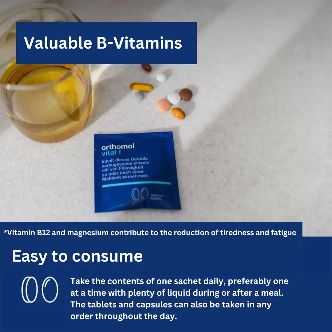 Valuable B-vitamins: Vitamin B12 and magnesium contribute to the reduction of tiredness and fatigue. Easy to consume: ake the contents of one sachet daily, preferably one at a time with plenty of liquid during or after a meal. The tablets and capsules can also be taken in any order throughout the day.