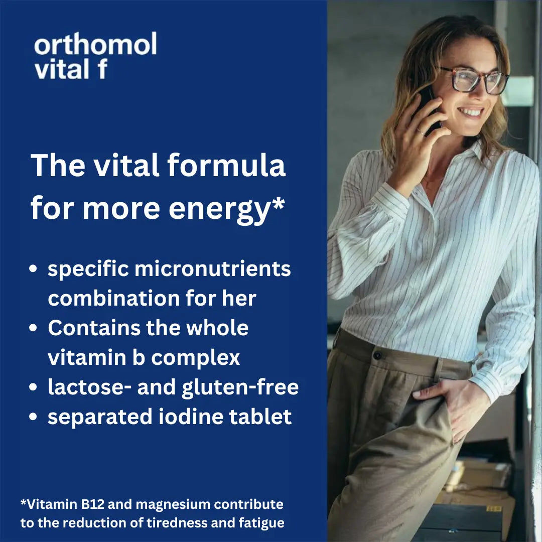 The vital formula for more energy. Specific micronutrients combination for her.
Contains the whole vitamin b complex.
Lactose- and gluten-free. Separated iodine tablet.