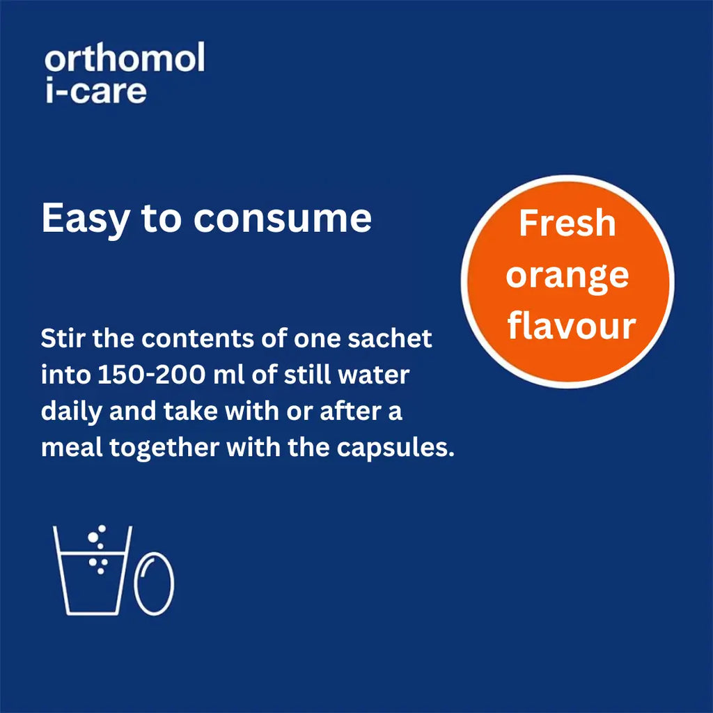 Easy to consume: stir the contents of one sachet into 150-200 ml of still water daily and take with or after a meal together with the capsules.